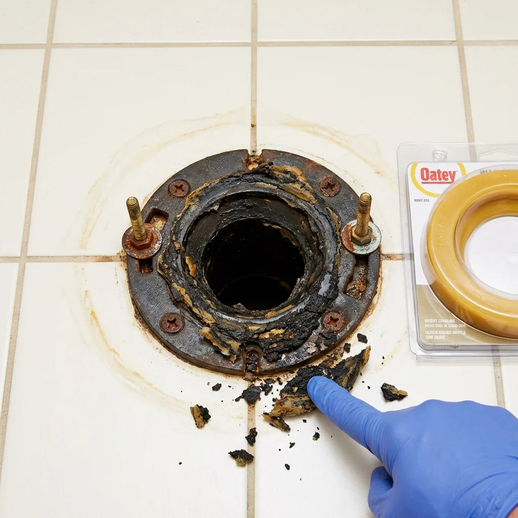 Failed wax ring showing water seepage at the base of a toilet in a Lamar, CO home