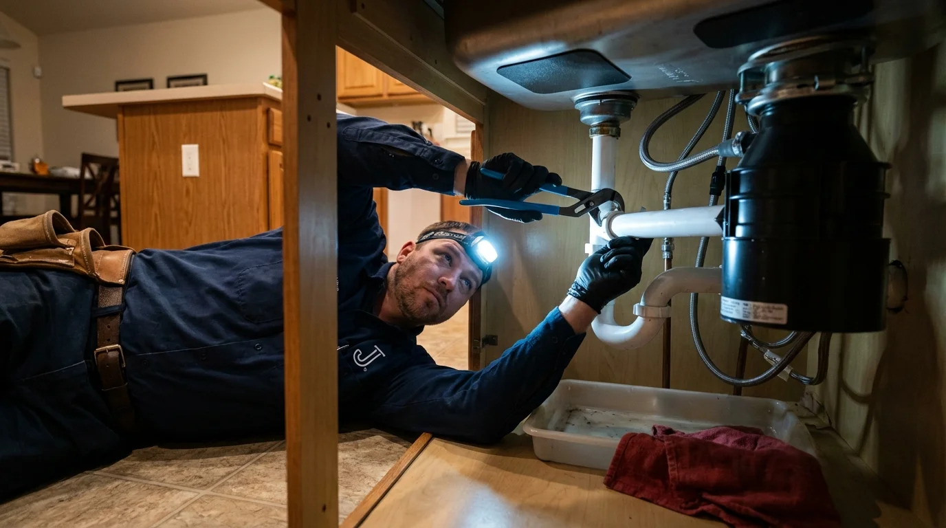 P-trap and supply line connections under a kitchen sink showing a common leak point in Lamar, CO
